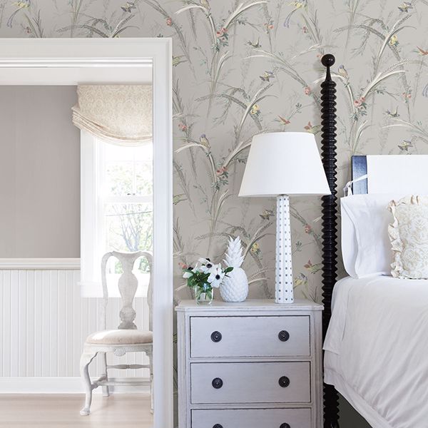 Meadowlark Grey Botanical Wallpaper - Brewster Wallcovering