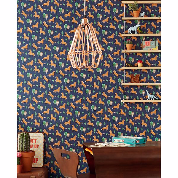 Tuva Navy Horse Wallpaper  | Brewster Wallcovering - The WorkRm