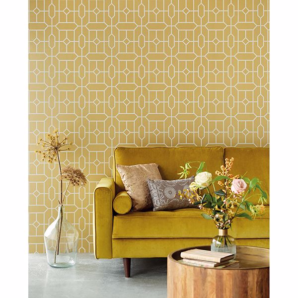 Johan Mustard Trellis Wallpaper - Brewster Wallcovering