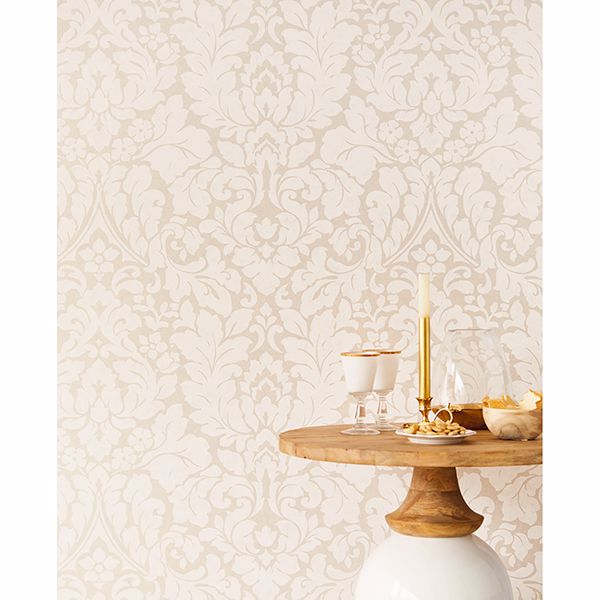 Arvid Off-White Damask Wallpaper - Brewster Wallcovering