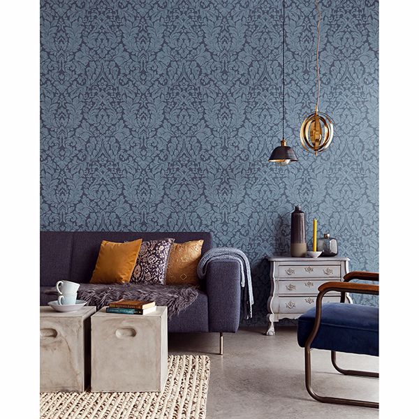 Arvid Blue Damask Wallpaper - Brewster Wallcovering