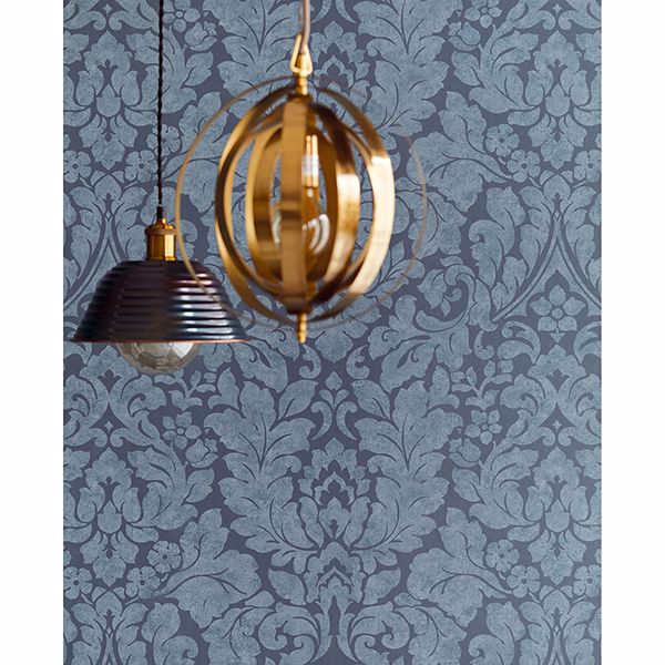 Arvid Blue Damask Wallpaper - Brewster Wallcovering