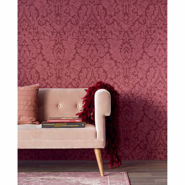 Arvid Maroon Damask Wallpaper - Brewster Wallcovering