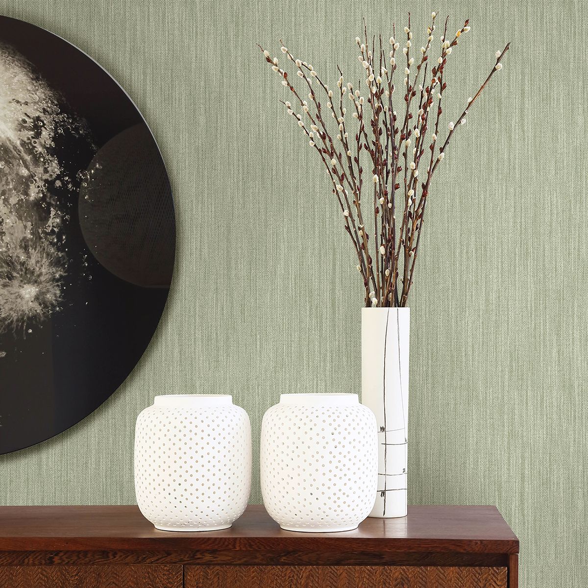 Chenille Sage Faux Linen Wallpaper  | Brewster Wallcovering