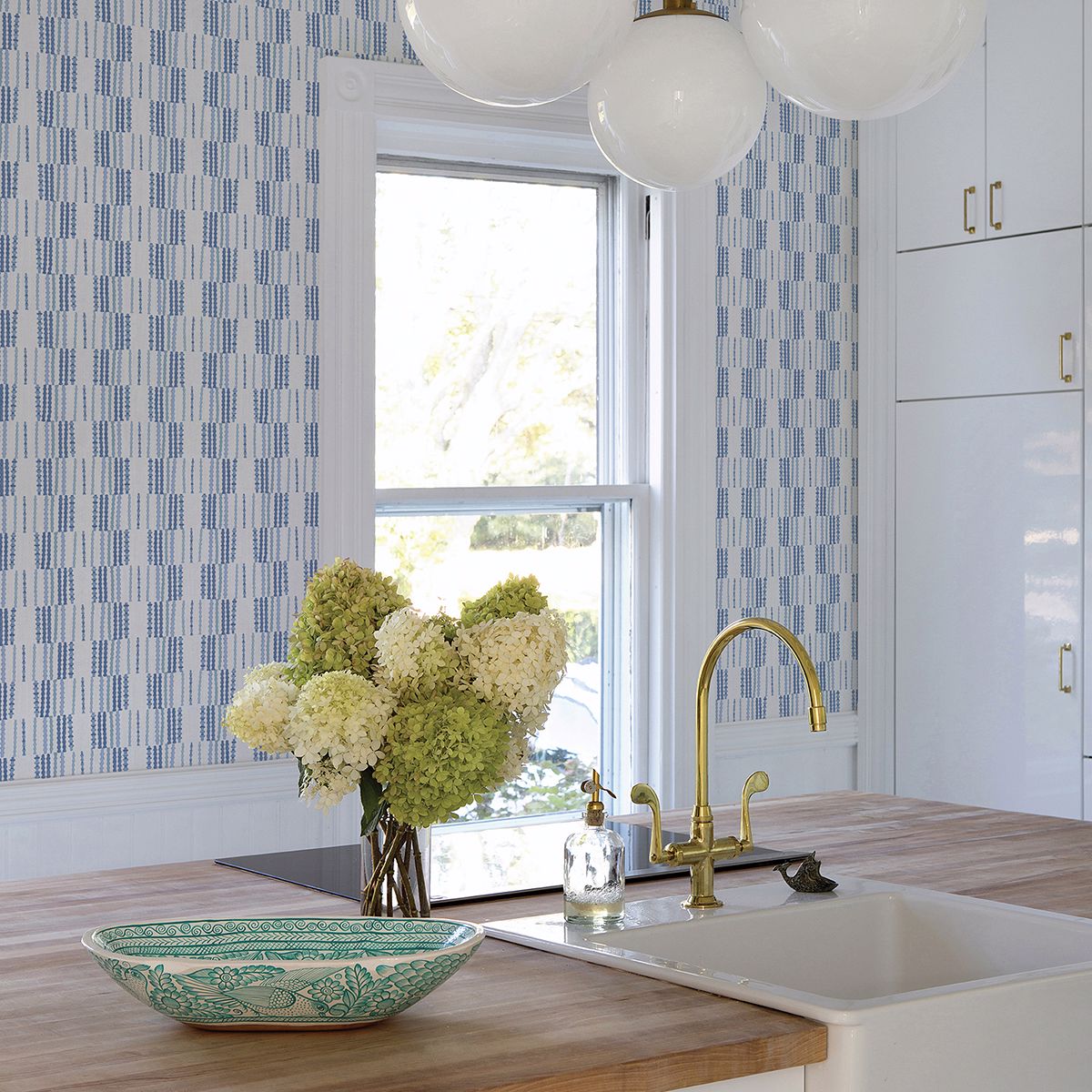 Burgen Blue Geometric Linen Wallpaper  | Brewster Wallcovering - The WorkRm