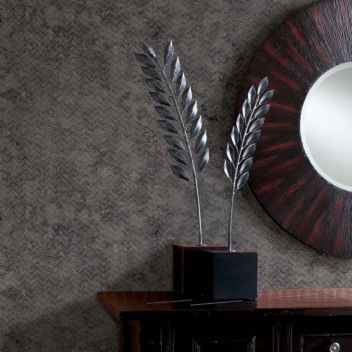 Luna Charcoal Distressed Chevron Wallpaper - Brewster Wallcovering