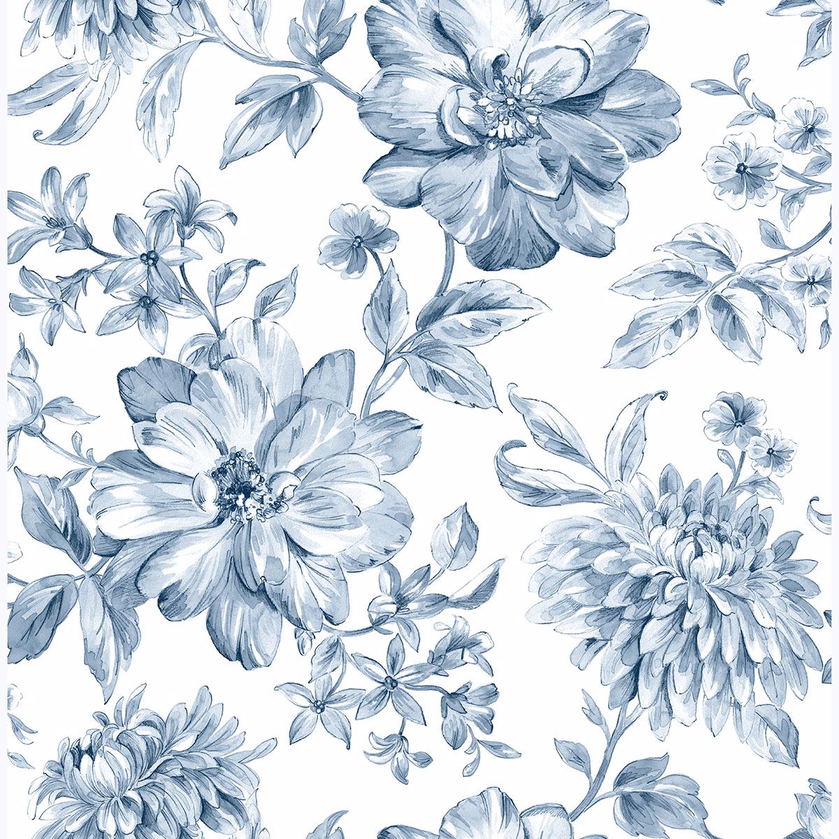 Gabriela Blue Floral Wallpaper - Brewster Wallcovering