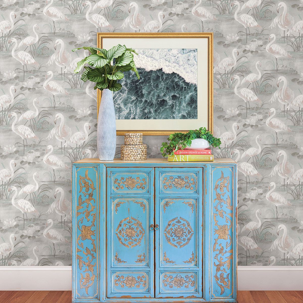 Everglades Grey Flamingos Wallpaper - Brewster Wallcovering