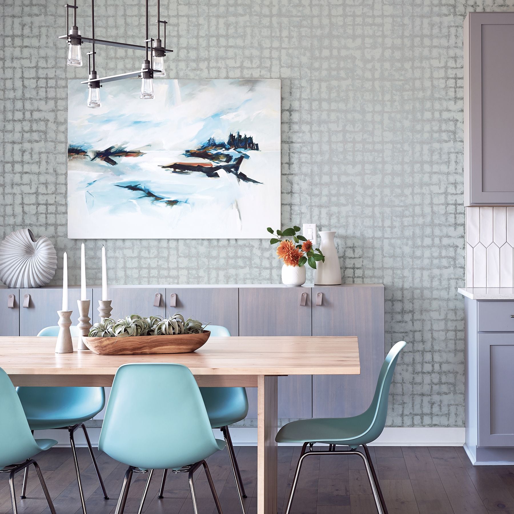 Shea Sky Blue Distressed Geometric Wallpaper- Scott Living  | Brewster Wallcovering - The WorkRm