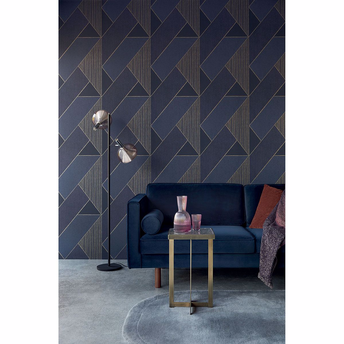 Art Deco Dark Blue Glam Geometric Wallpaper - Brewster Wallcovering