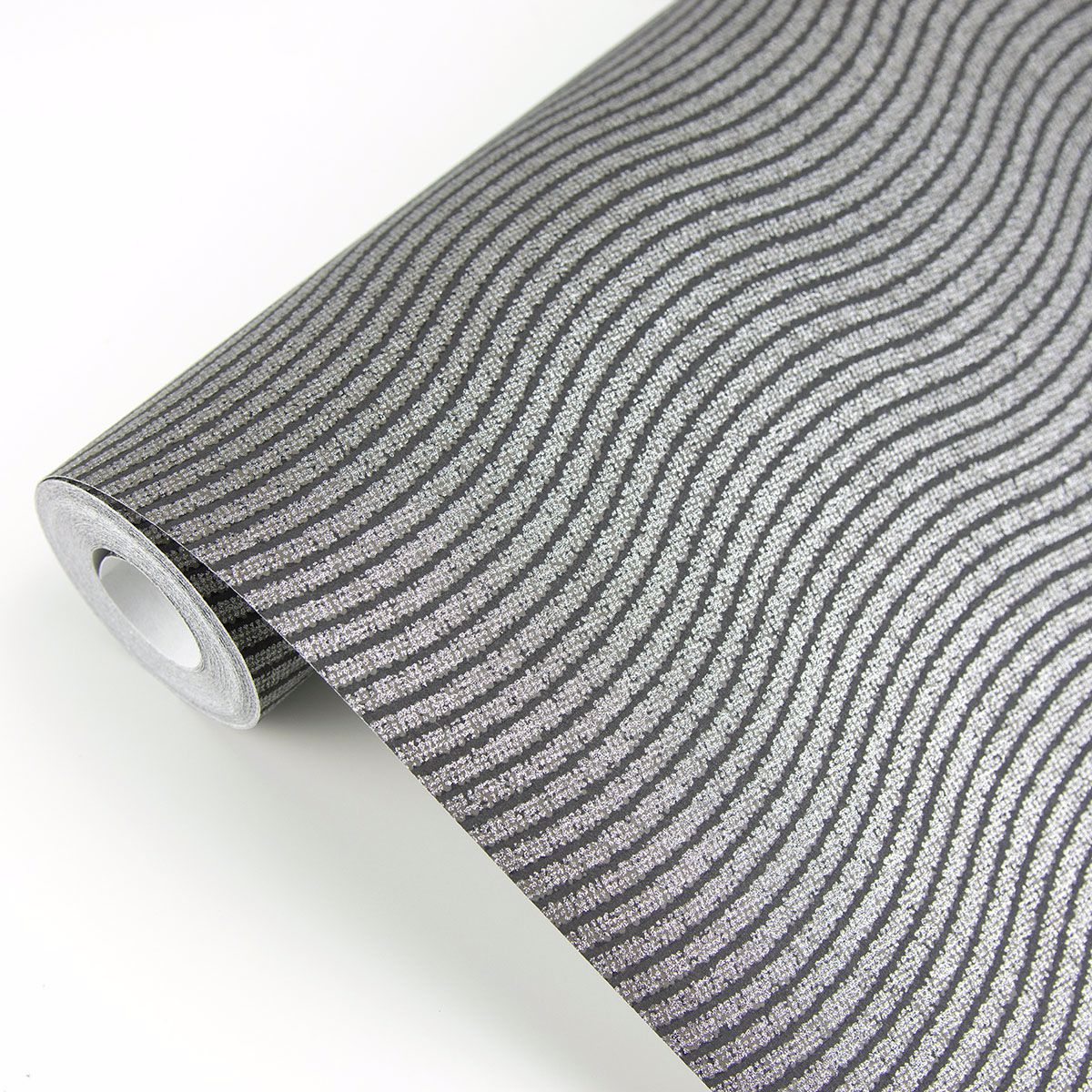 Curves Black Glittering Waves Wallpaper - Brewster Wallcovering