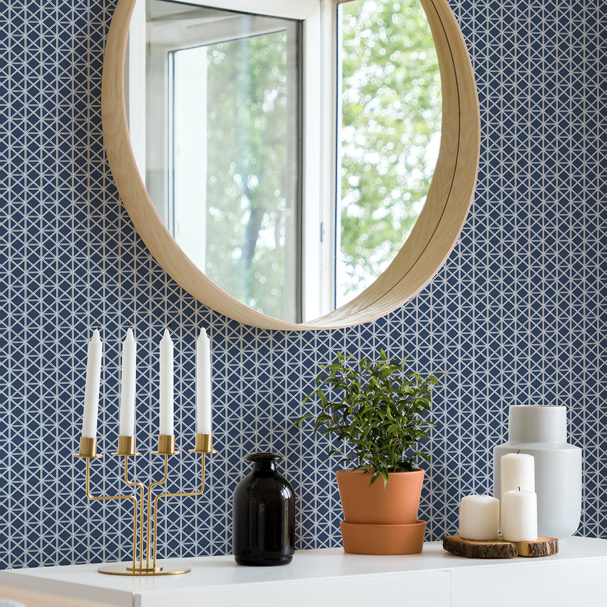 Lisbeth Navy Geometric Lattice Wallpaper  | Brewster Wallcovering - The WorkRm