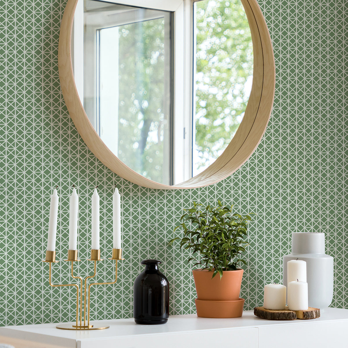 Lisbeth Green Geometric Lattice Wallpaper  | Brewster Wallcovering - The WorkRm