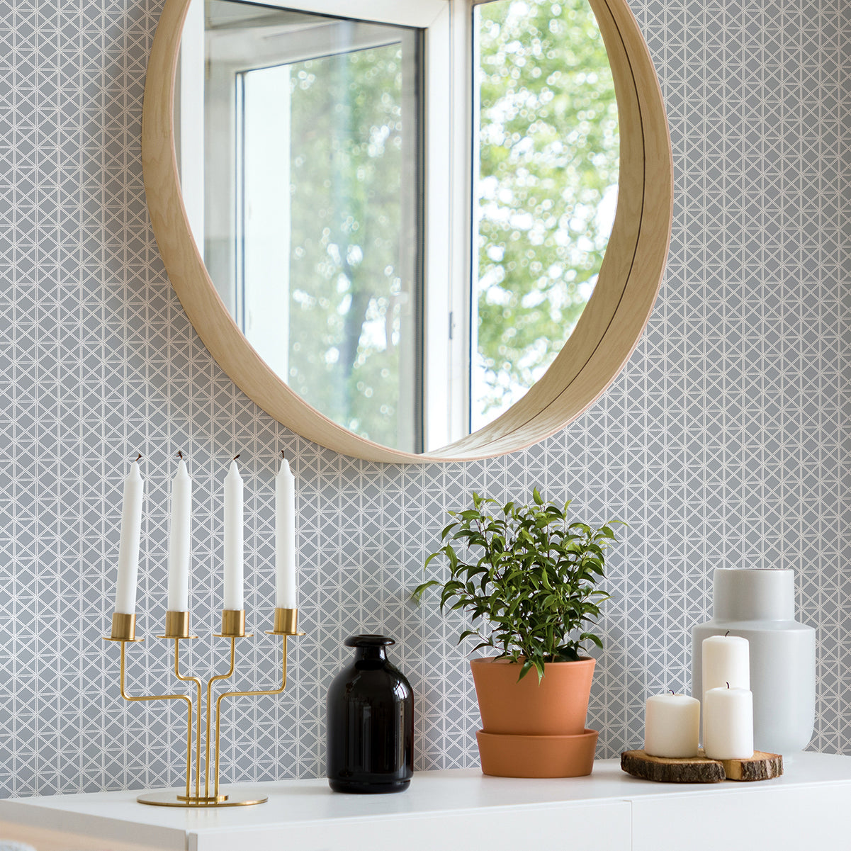 Lisbeth Grey Geometric Lattice Wallpaper  | Brewster Wallcovering - The WorkRm