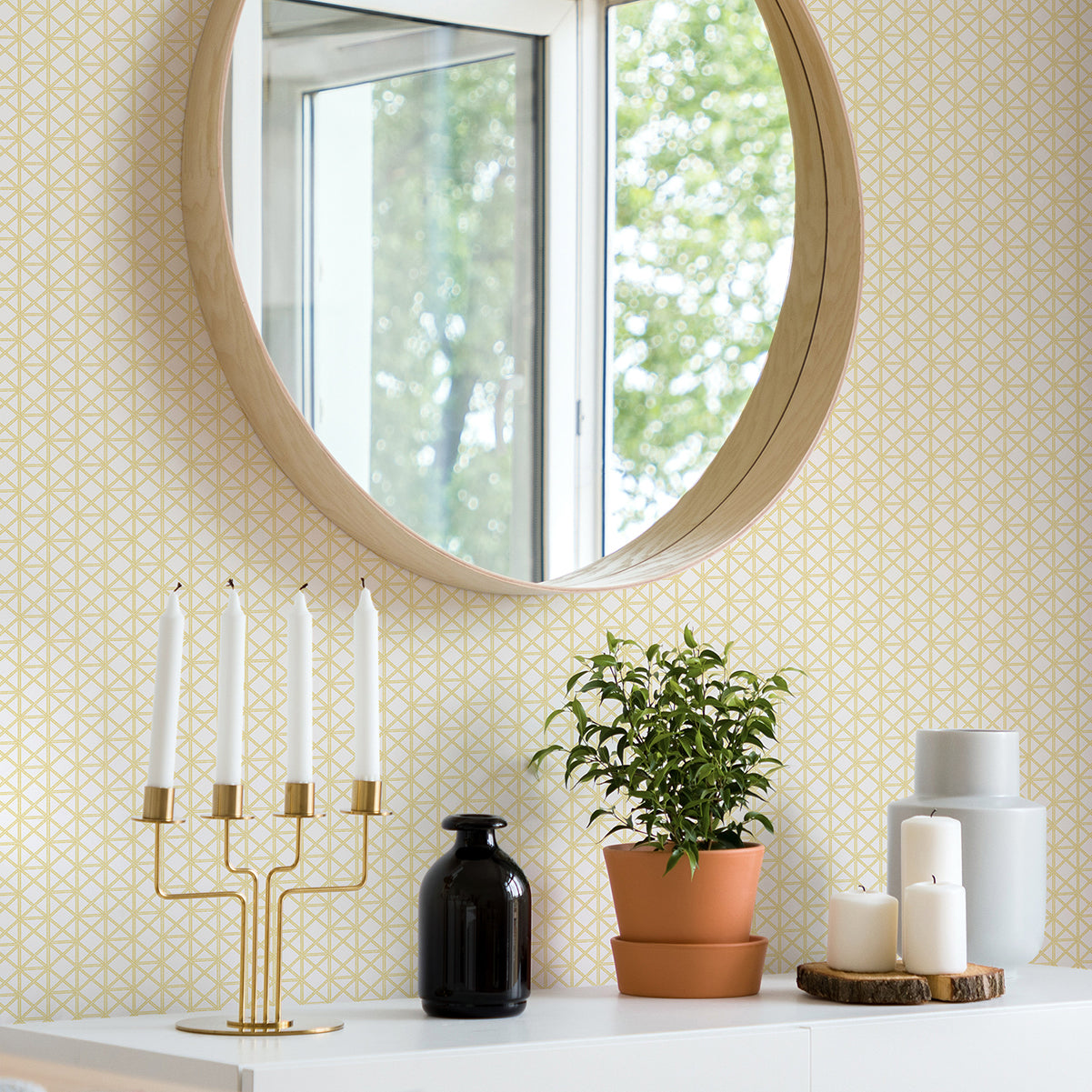 Lisbeth Yellow Geometric Lattice Wallpaper  | Brewster Wallcovering - The WorkRm