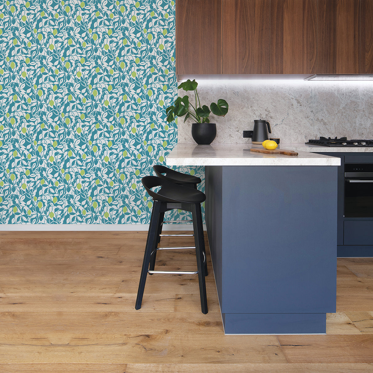 Loretto Teal Citrus Wallpaper  | Brewster Wallcovering