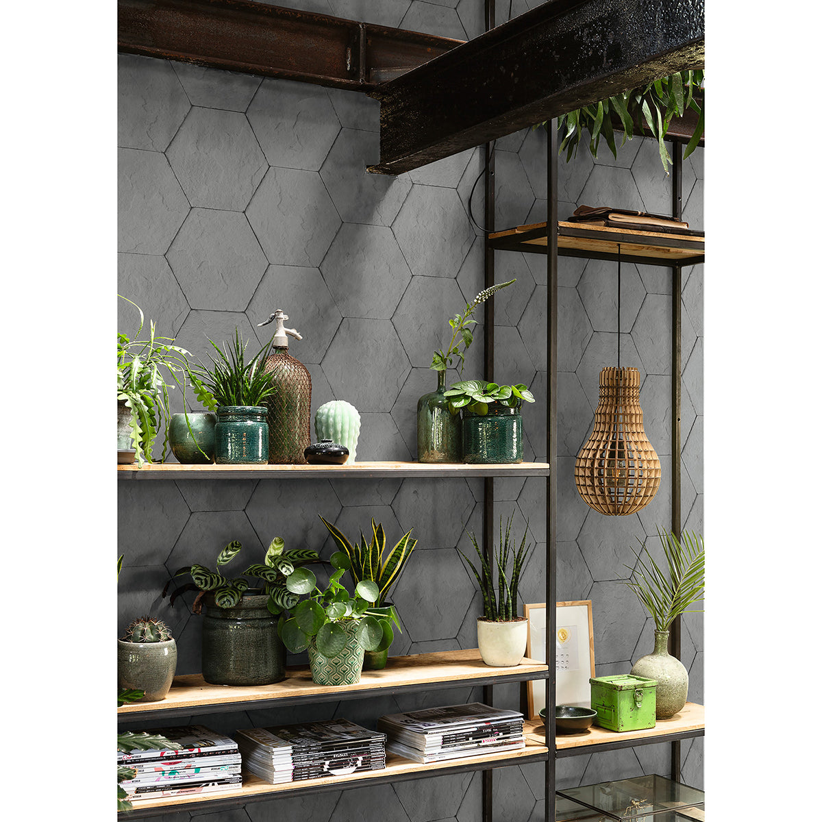 Bascom Dark Grey Stone Hexagon Wallpaper - Brewster Wallcovering