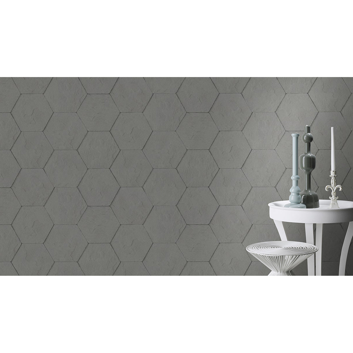 Bascom Dark Grey Stone Hexagon Wallpaper - Brewster Wallcovering