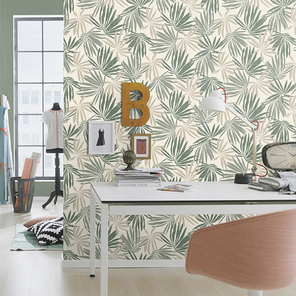 Khmunu Grey Palm Leaf Wallpaper  | Brewster Wallcovering