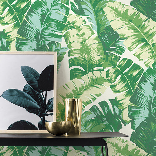 Pisang Green Palm Leaf Wallpaper - Brewster Wallcovering