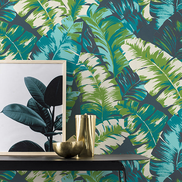 Pisang Navy Palm Leaf Wallpaper  | Brewster Wallcovering - The WorkRm