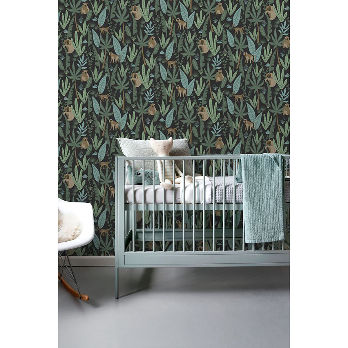 Macaque Dark Green Monkeys Wallpaper - Brewster Wallcovering