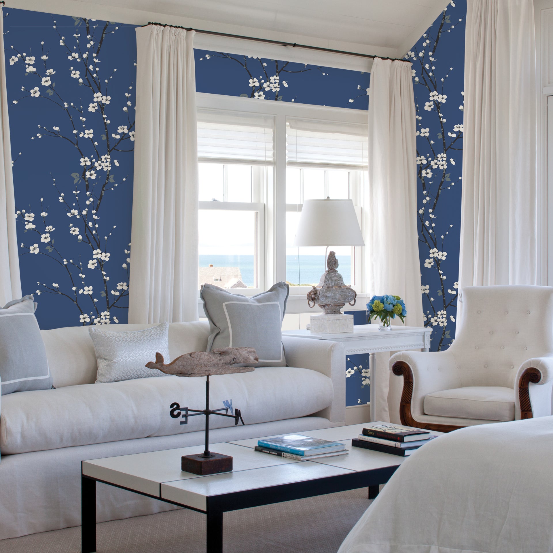 Monterey Cobalt Floral Branch Wallpaper - Brewster Wallcovering