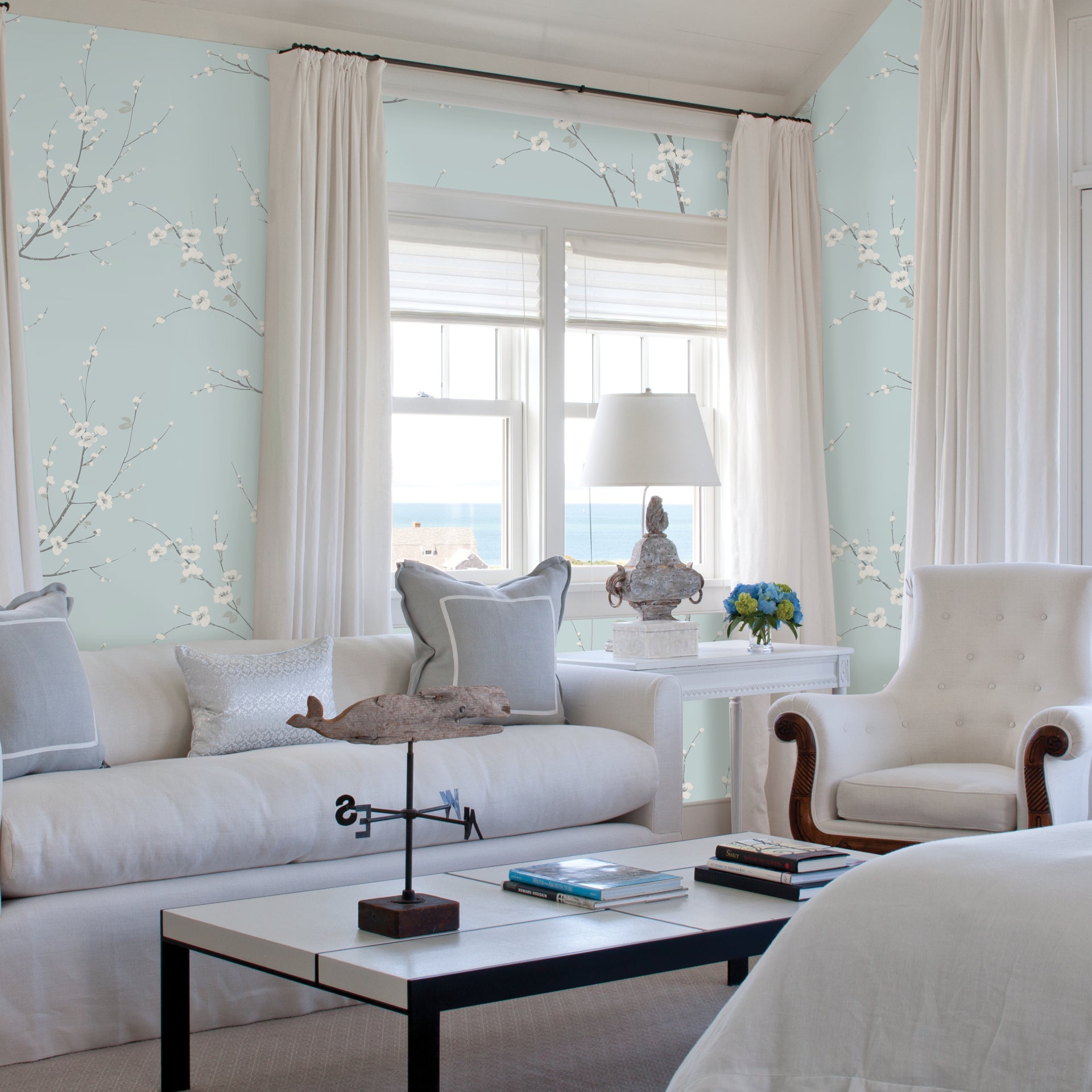 Monterey Sky Blue Floral Branch Wallpaper - Brewster Wallcovering