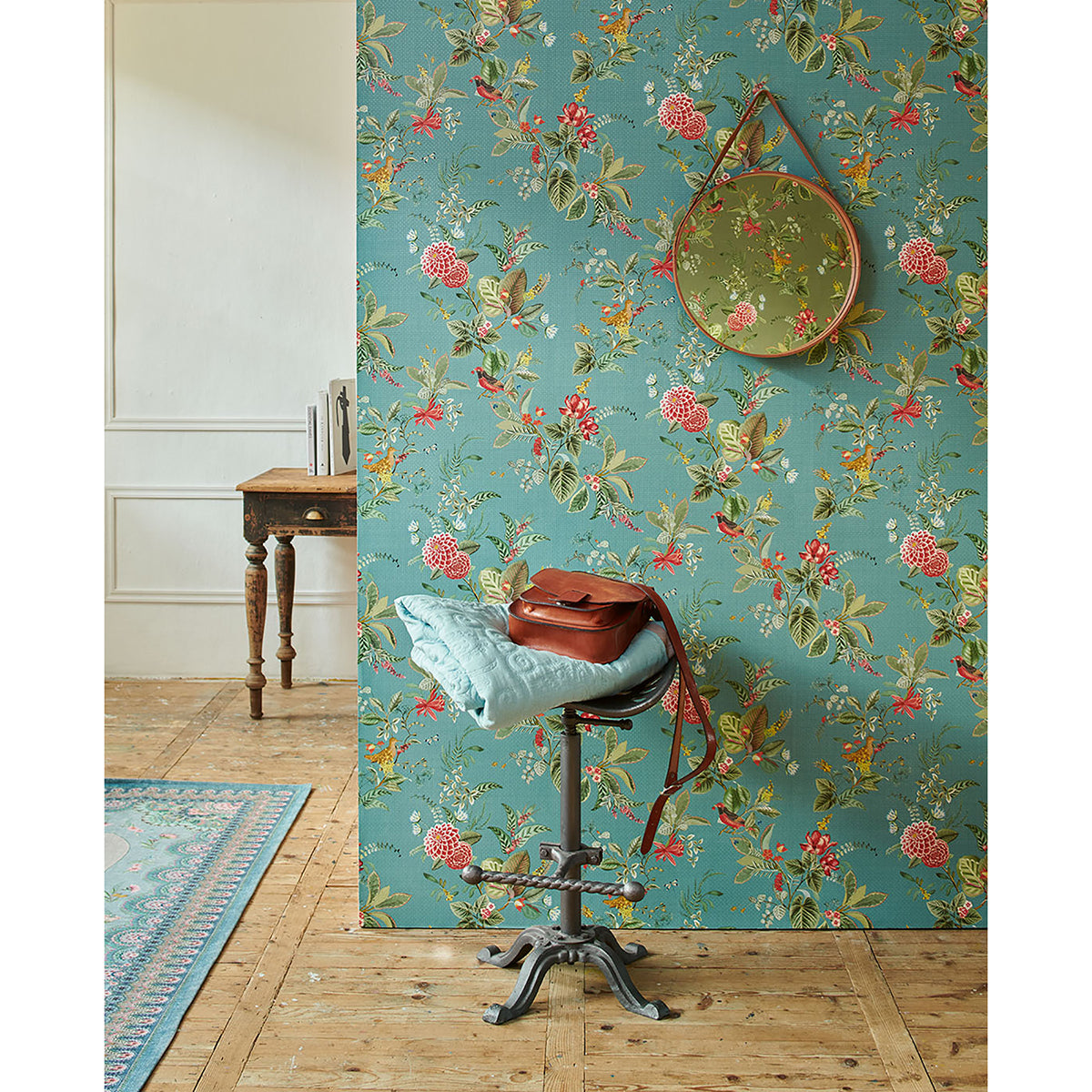 Floris Turquoise Woodland Floral Wallpaper  | Brewster Wallcovering