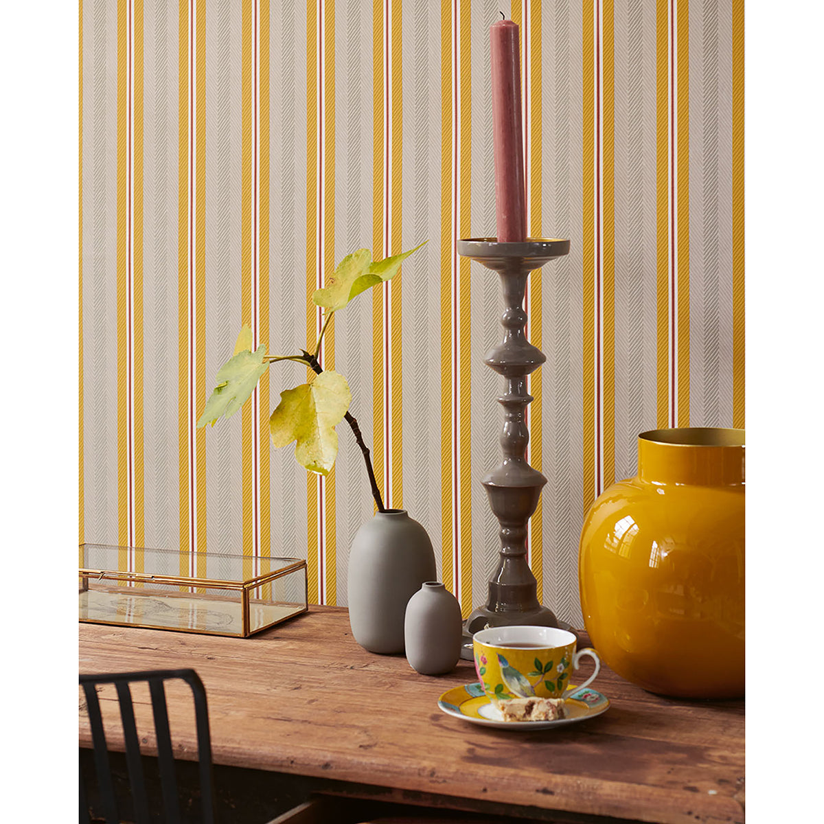 Cato Mustard Blurred Lines Wallpaper - Brewster Wallcovering