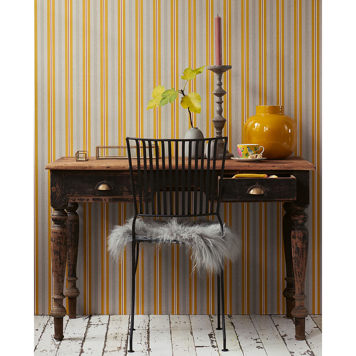 Cato Mustard Blurred Lines Wallpaper - Brewster Wallcovering