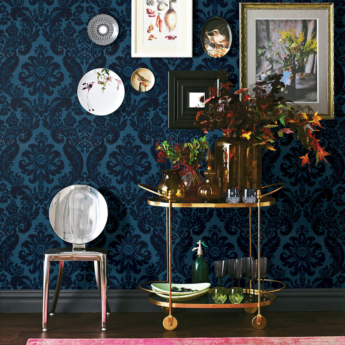 Shadow Blue Flocked Damask Wallpaper  | Brewster Wallcovering - The WorkRm