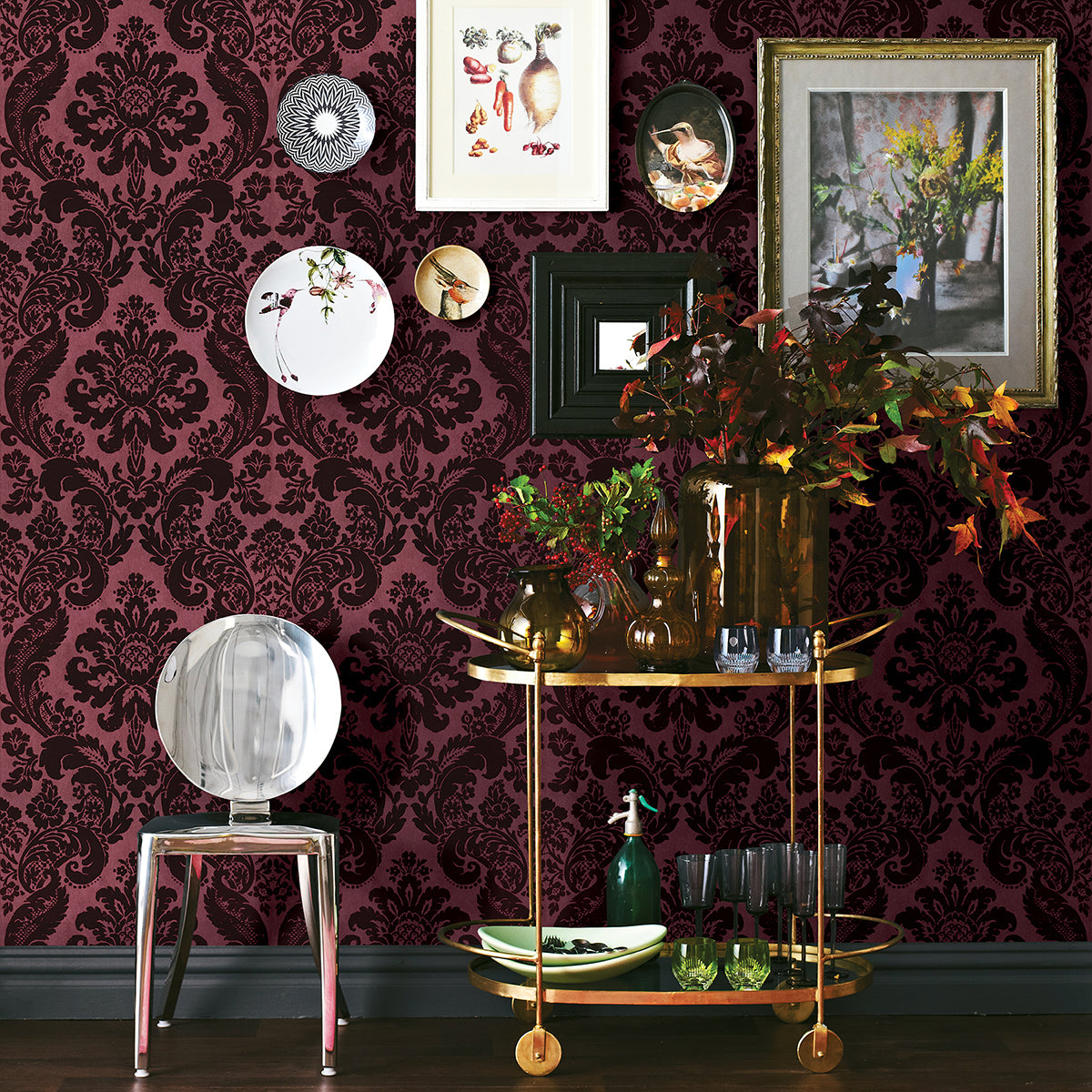 Shadow Merlot Flocked Damask Wallpaper  | Brewster Wallcovering - The WorkRm