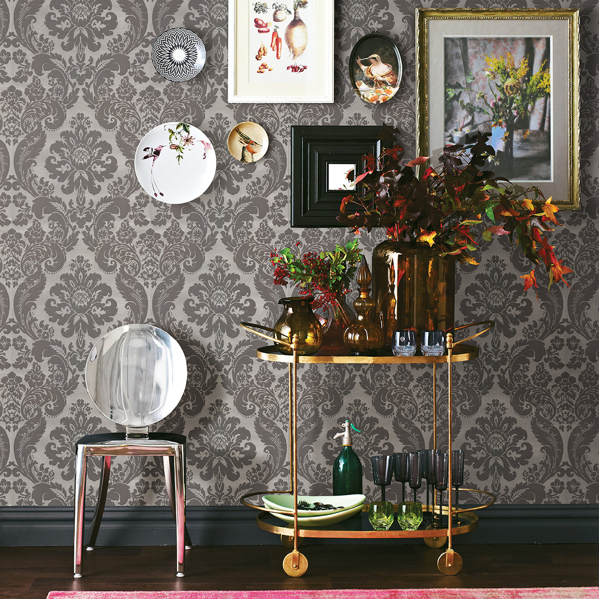 Shadow Grey Flocked Damask Wallpaper  | Brewster Wallcovering - The WorkRm