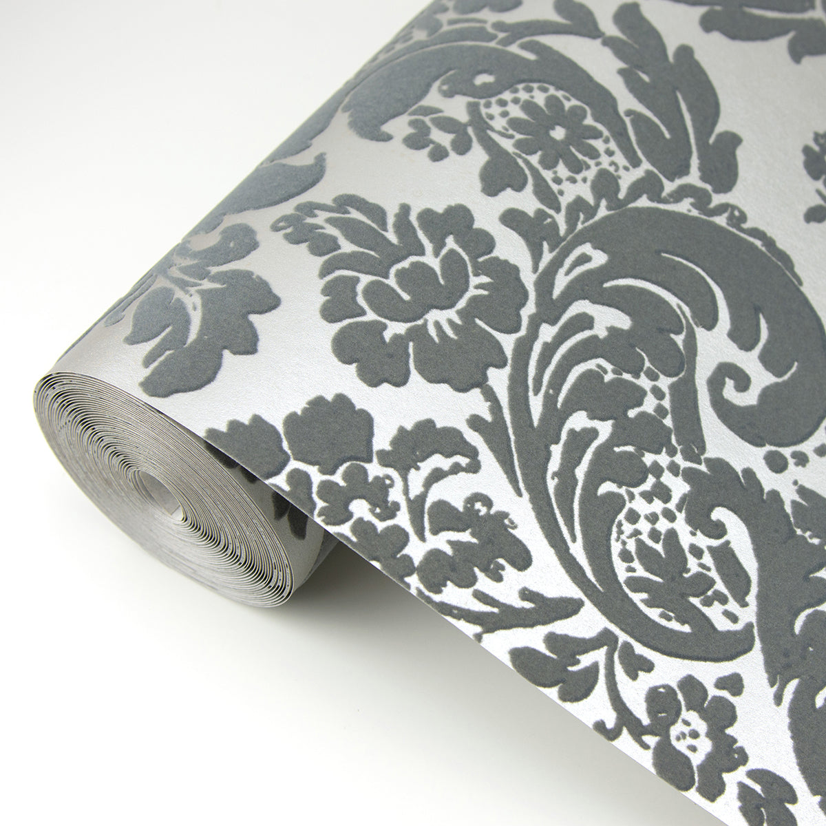 Shadow Grey Flocked Damask Wallpaper  | Brewster Wallcovering - The WorkRm