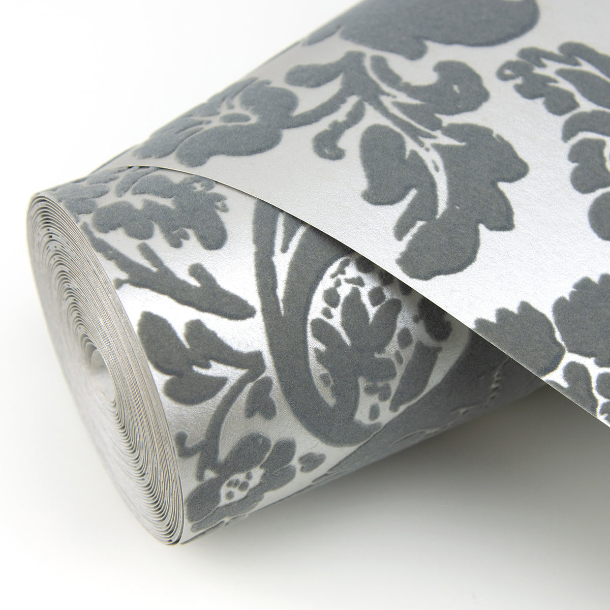 Shadow Grey Flocked Damask Wallpaper  | Brewster Wallcovering - The WorkRm