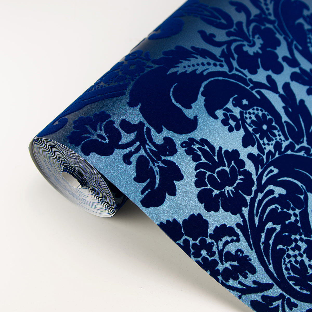 Shadow Blue Flocked Damask Wallpaper  | Brewster Wallcovering - The WorkRm