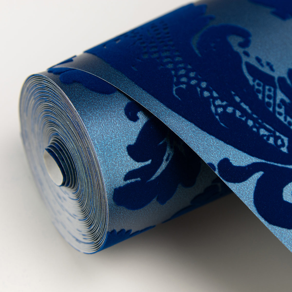 Shadow Blue Flocked Damask Wallpaper  | Brewster Wallcovering - The WorkRm