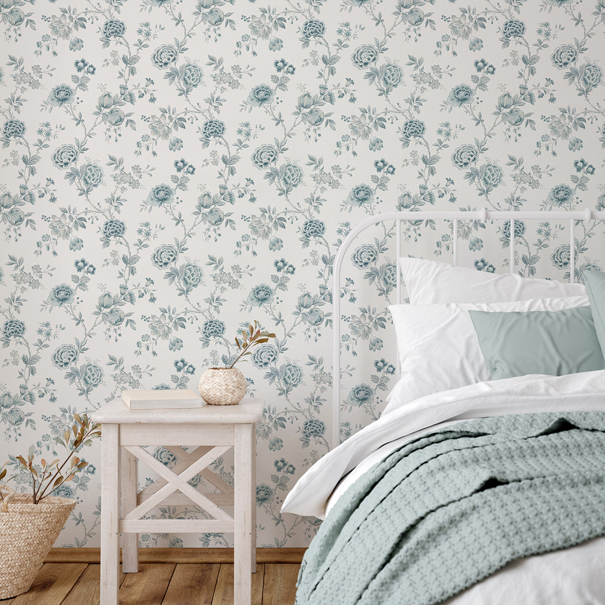 Chrysanthemum Teal Jacobean Wallpaper  | Brewster Wallcovering - The WorkRm