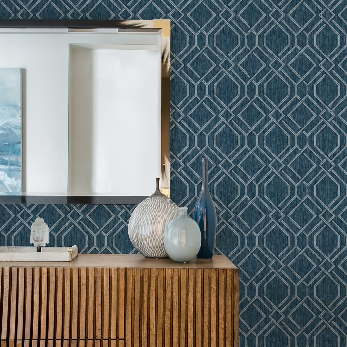 Frege Blue Trellis Wallpaper  | Brewster Wallcovering - The WorkRm