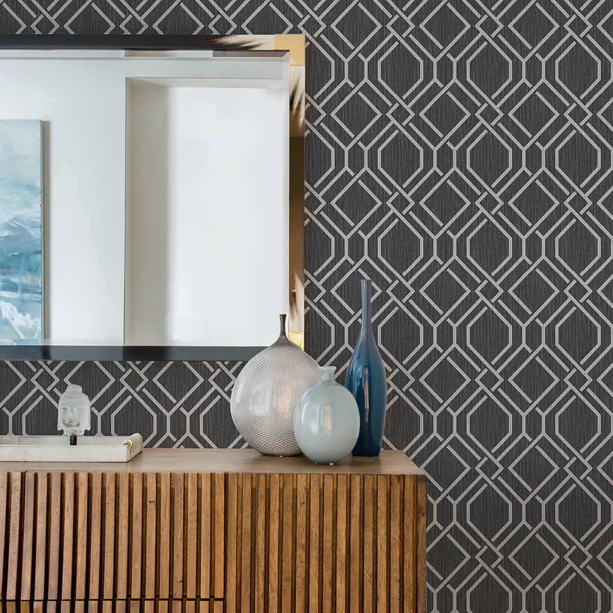 Frege Charcoal Trellis Wallpaper  | Brewster Wallcovering - The WorkRm