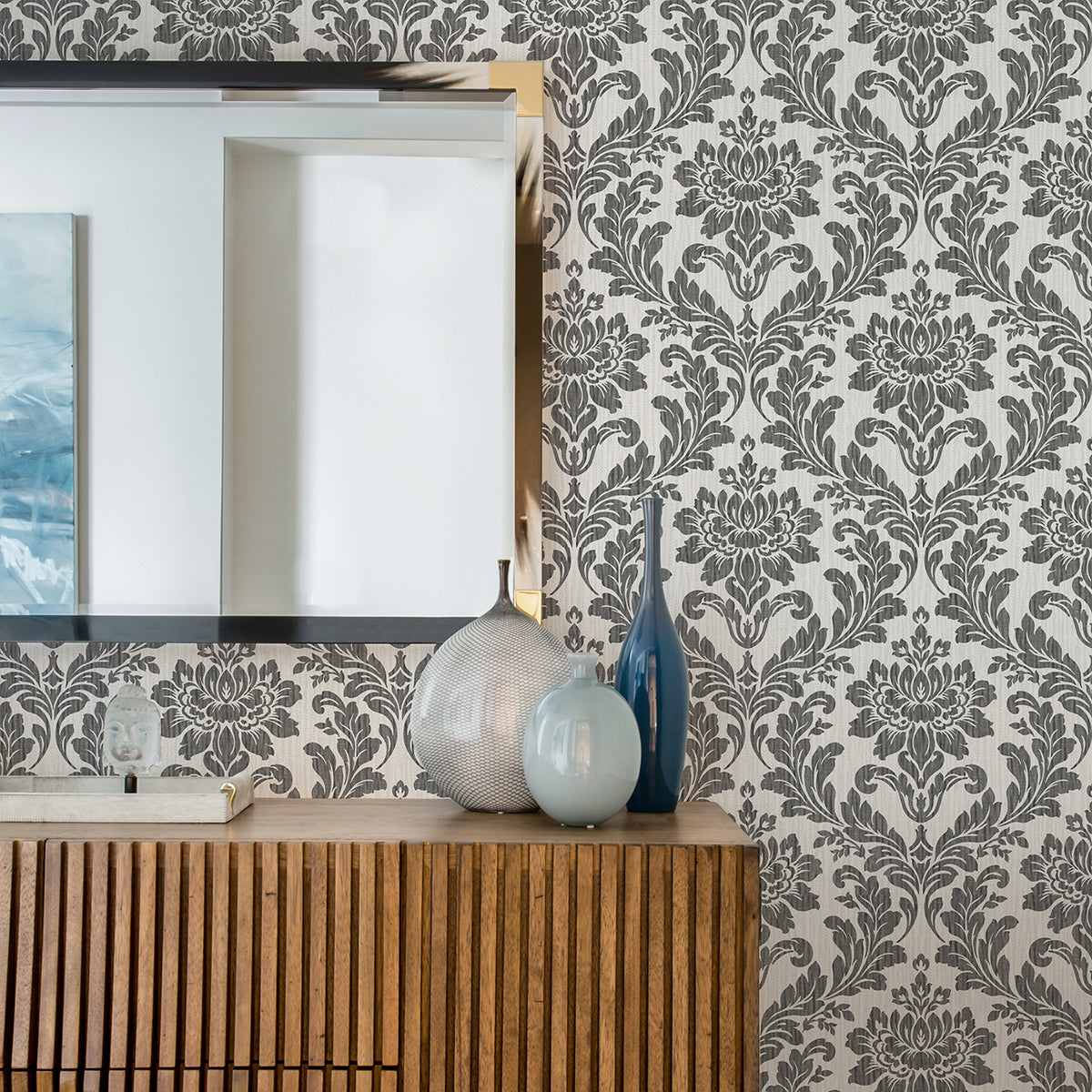 Galois Black Damask Wallpaper - Brewster Wallcovering