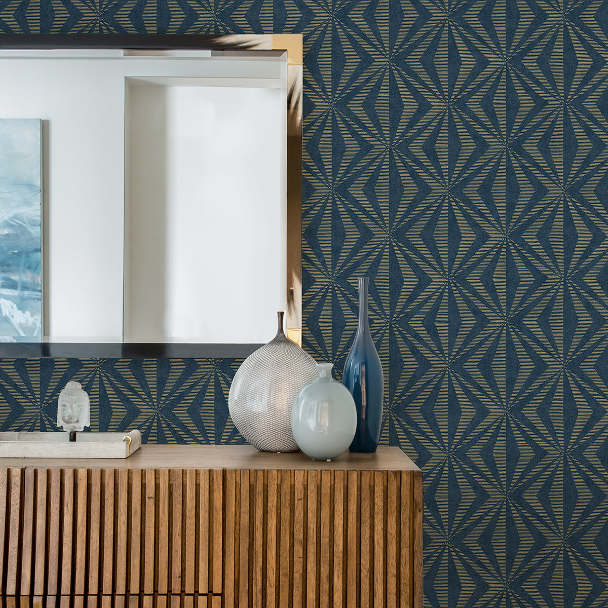 Monge Blue Geometric Wallpaper  | Brewster Wallcovering - The WorkRm