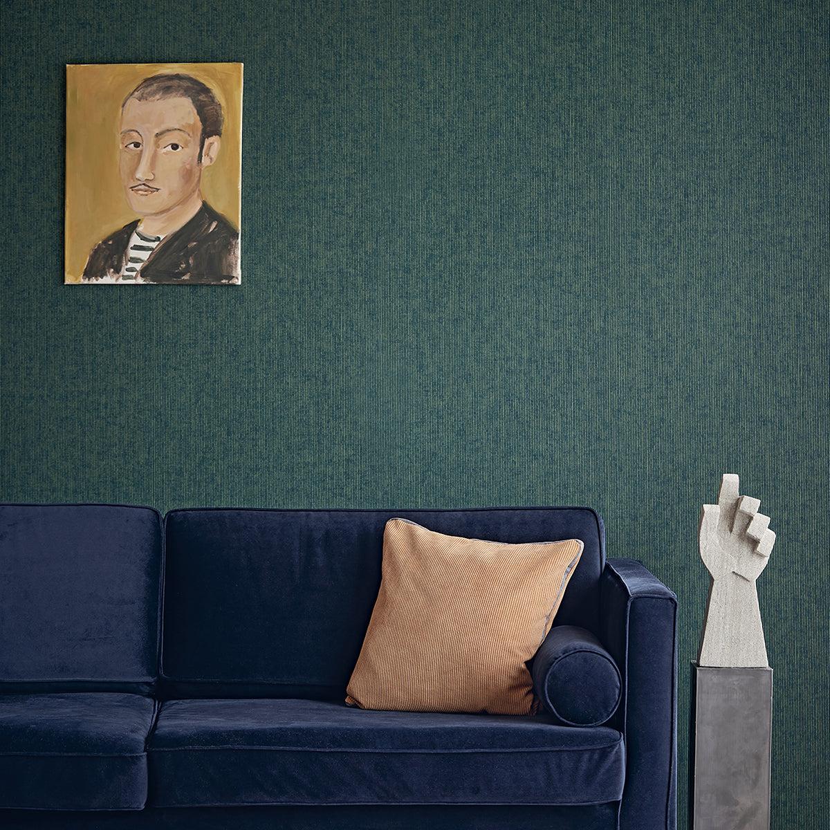 Leonardo Teal Flock Stripe Wallpaper  | Brewster Wallcovering
