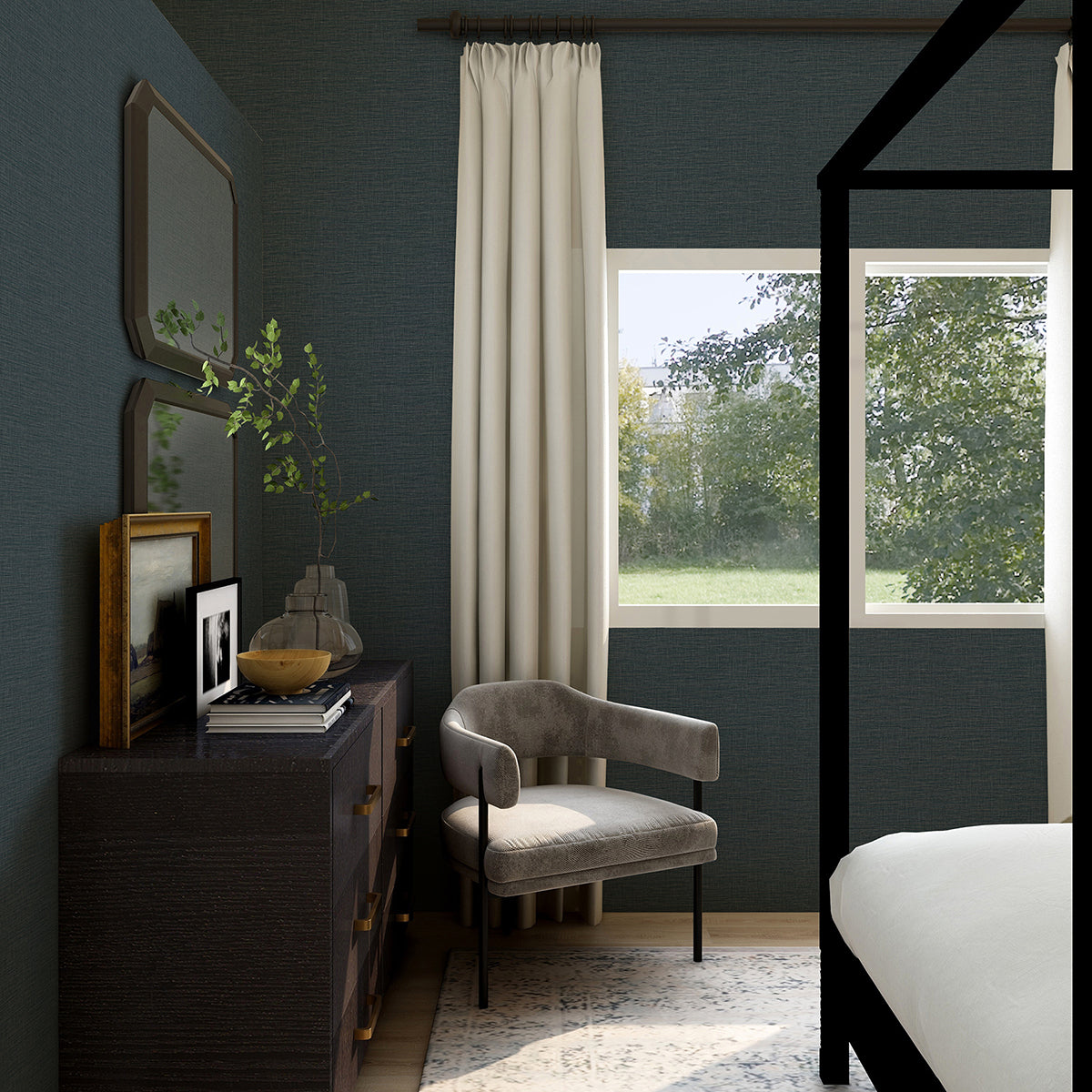 Lela Navy Faux Linen Wallpaper  | Brewster Wallcovering - The WorkRm