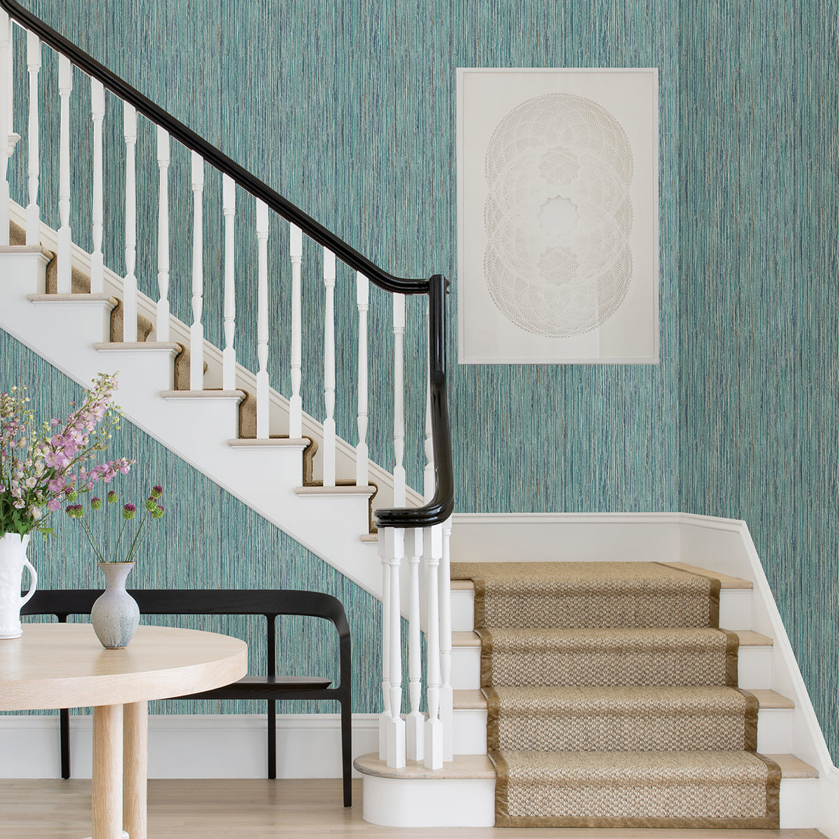 Justina Teal Faux Grasscloth Wallpaper - Brewster Wallcovering