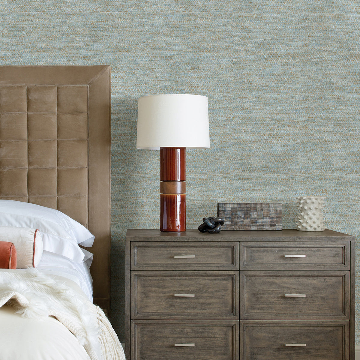 Jordan Aqua Faux Tweed Wallpaper - Brewster Wallcovering