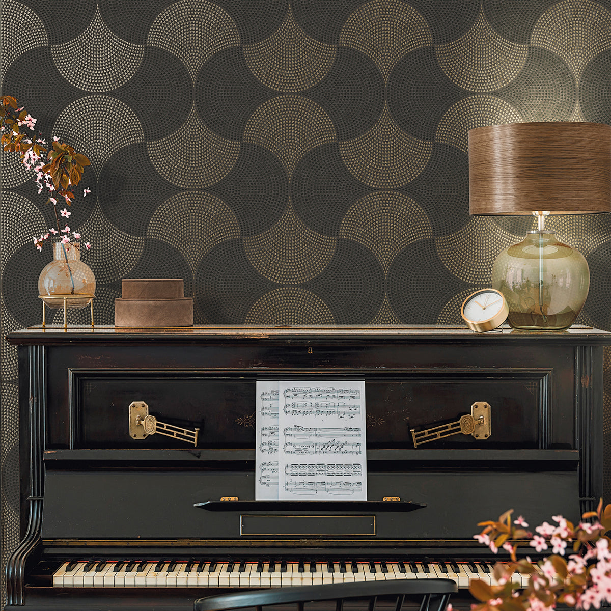 Bel Air Black Fan Wallpaper - Brewster Wallcovering