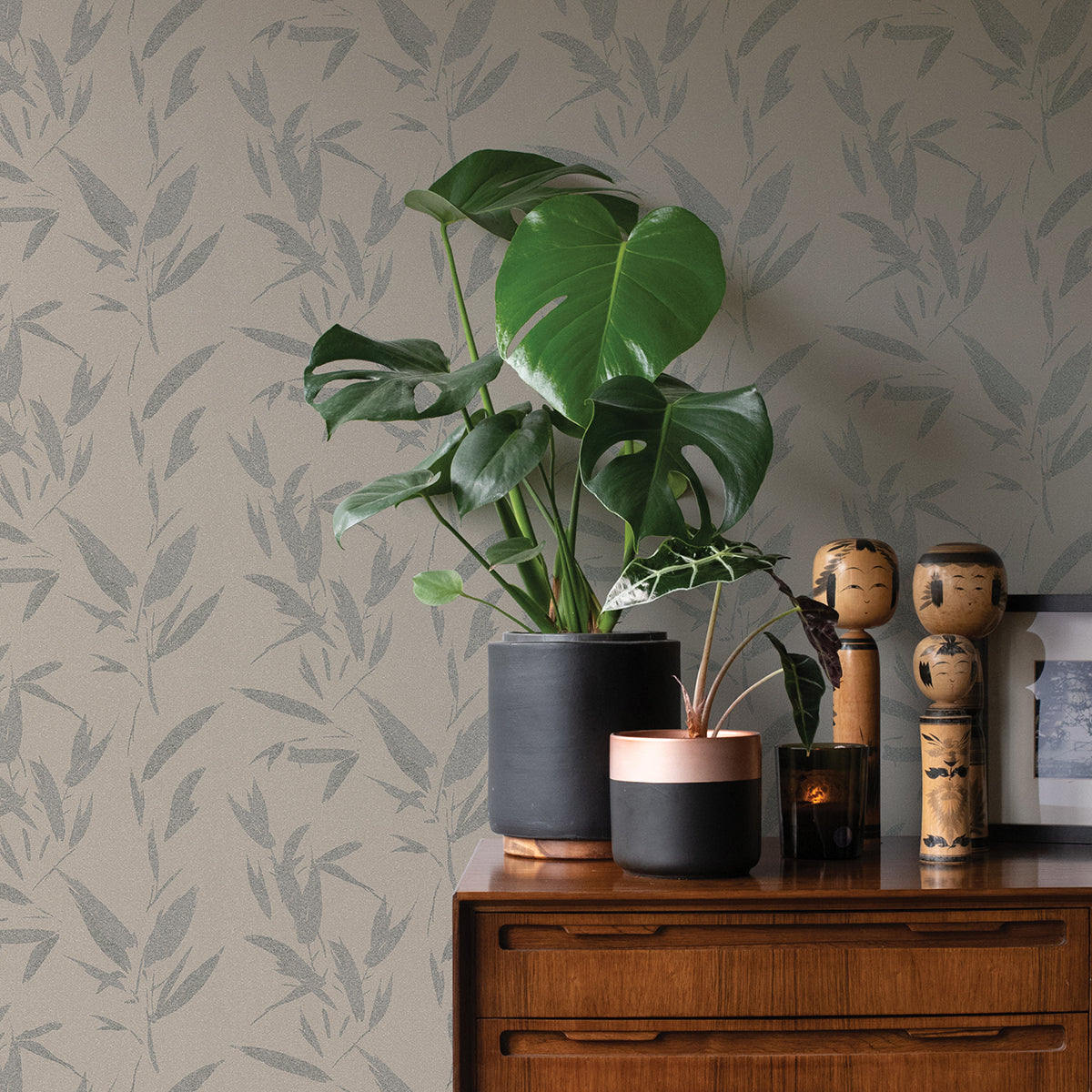 Kaiya Grey Leaves Wallpaper - Brewster Wallcovering