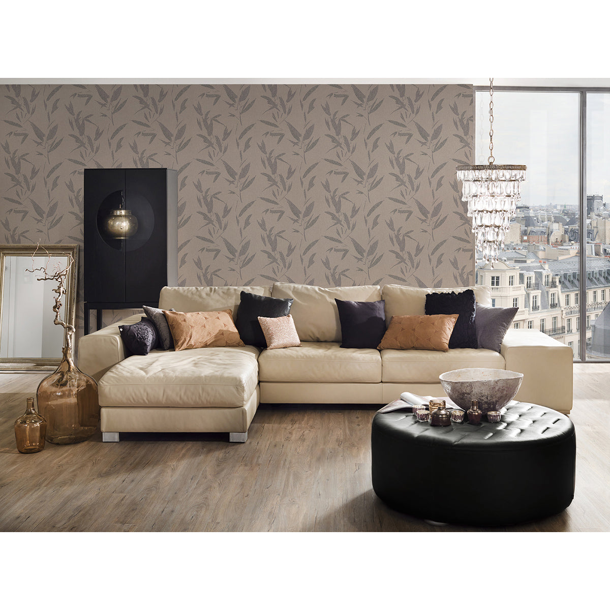 Kaiya Grey Leaves Wallpaper - Brewster Wallcovering